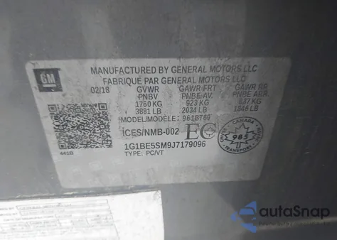 2018 Chevrolet Cruze Lt Auto из США, поврежденный, VIN 1G1BE5SM9J7179096